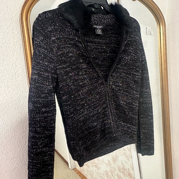 Escapade Rabbit Fur Trim Black Metallic Zip Sweater/Jacket - Picture 2 of 5